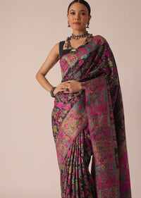 Black Saree With Kashmiri Thread Work And Unstitched Blouse Piece