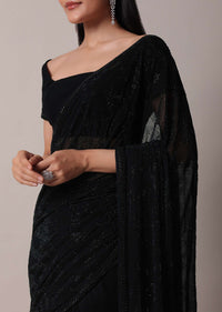 Black Saree With Swarovski Embellishments And Unstitched Blouse Piece