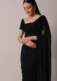 Black Saree With Swarovski Embellishments And Unstitched Blouse Piece