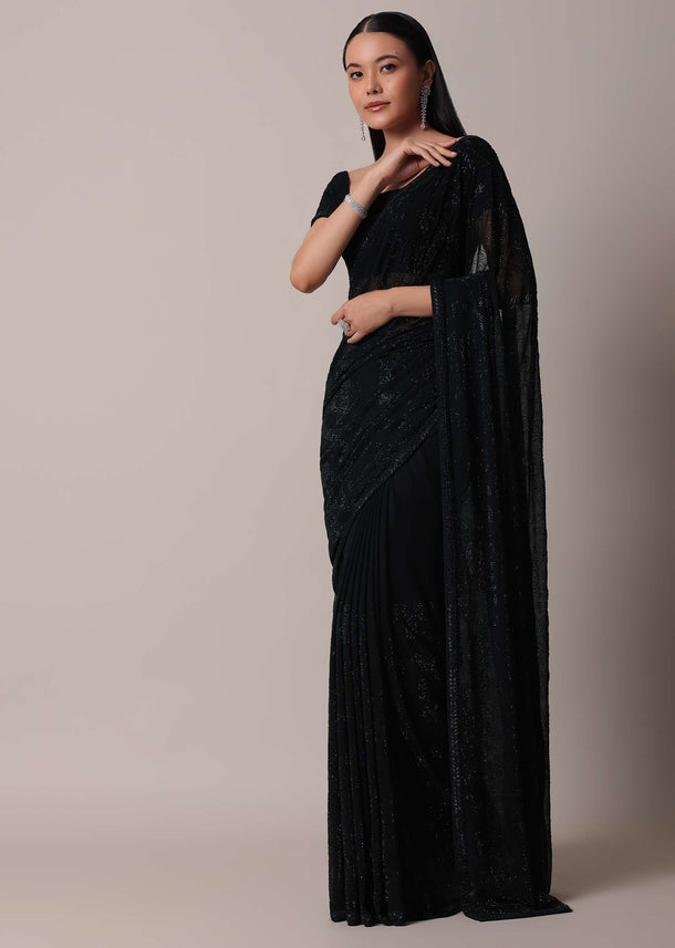 Black Saree With Swarovski Embellishments And Unstitched Blouse Piece