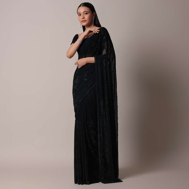 Black Saree With Swarovski Embellishments And Unstitched Blouse Piece