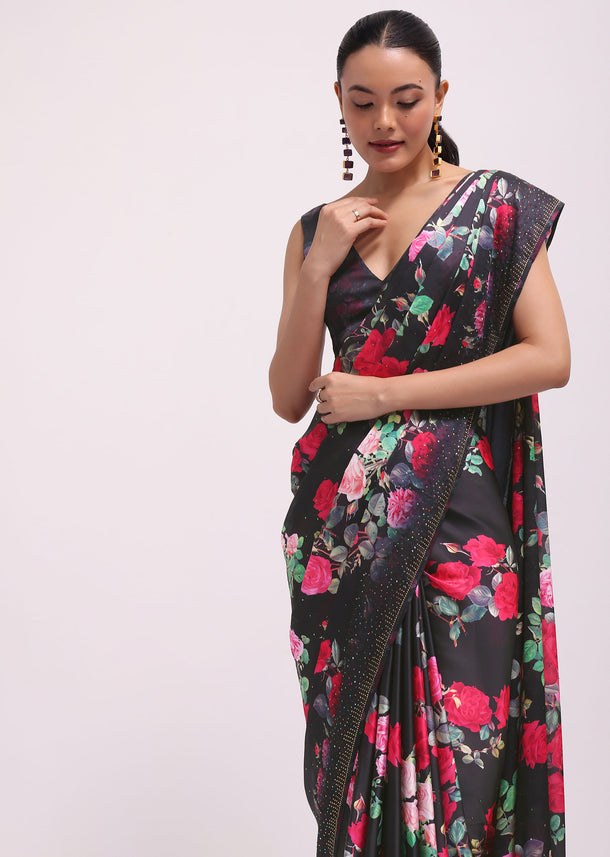 Black Satin Floral Printed Saree With Unstitched Blouse