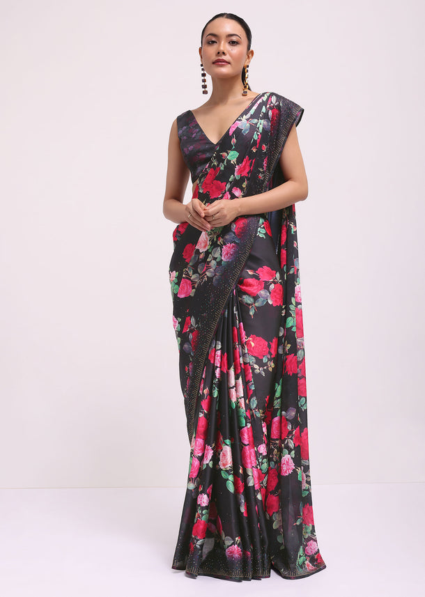 Black Satin Floral Printed Saree With Unstitched Blouse