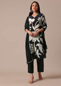 Black Satin Printed Kurta Set With Bead Work