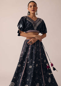 Black Satin Printed Lehenga Set