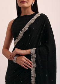 Black Satin Saree With Cut Dana Embroidery And Unstitched Blouse