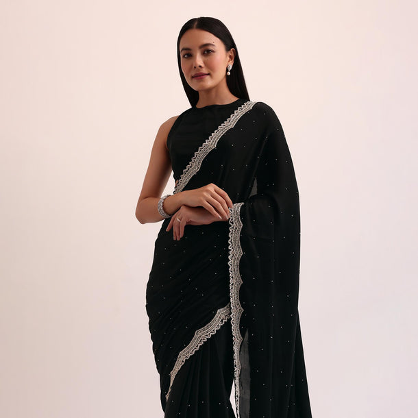 Black Satin Saree With Cut Dana Embroidery And Unstitched Blouse