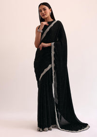 Black Satin Saree With Cut Dana Embroidery And Unstitched Blouse