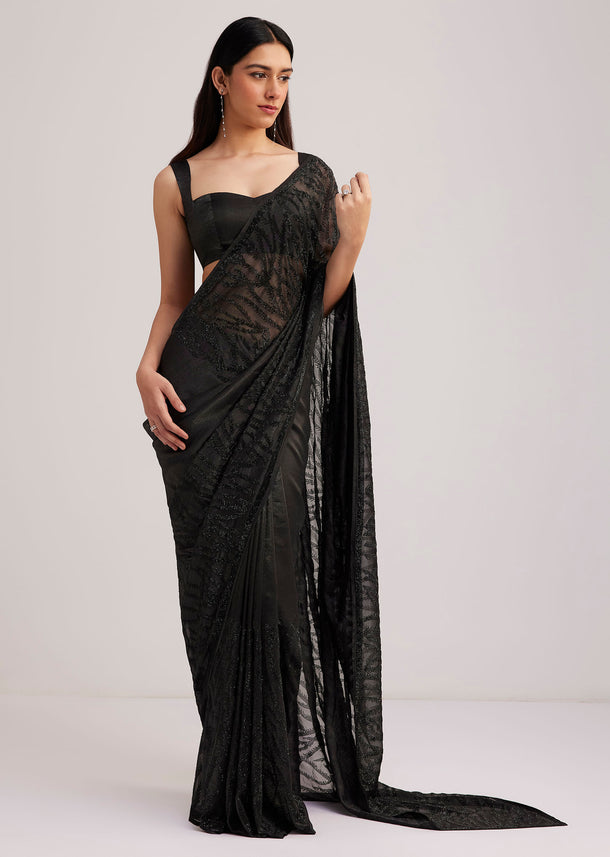 Black Satin Saree With Overall Stone Embellishment