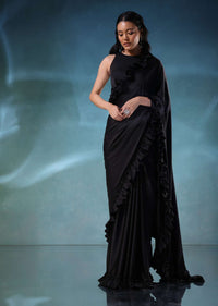 Black Satin Saree With Ruffle Borders And Satin