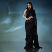 Black Satin Saree With Ruffle Borders And Satin