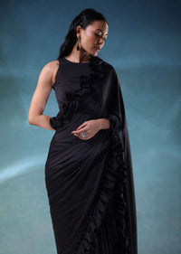 Black Satin Saree With Ruffle Borders And Satin