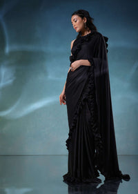 Black Satin Saree With Ruffle Borders And Satin