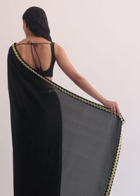 Black Satin Saree With Salli Cutdana Embroidery Border
