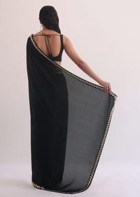 Black Satin Saree With Salli Cutdana Embroidery Border