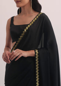 Black Satin Saree With Salli Cutdana Embroidery Border