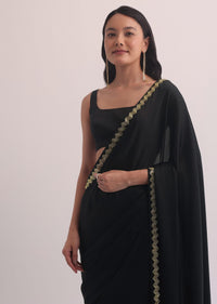 Black Satin Saree With Salli Cutdana Embroidery Border