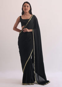 Black Satin Saree With Salli Cutdana Embroidery Border