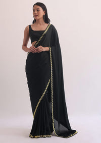 Black Satin Saree With Salli Cutdana Embroidery Border