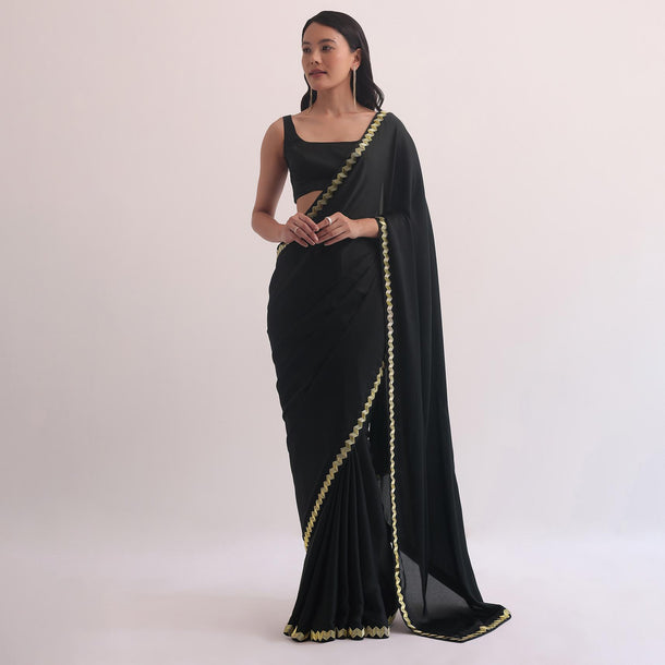 Black Satin Saree With Salli Cutdana Embroidery Border