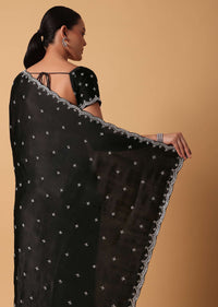 Black Satin Saree With Stone Embellishments And Unstitched Blouse Piece