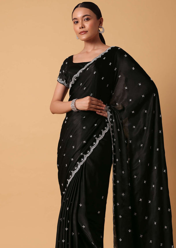 Black Satin Saree With Stone Embellishments And Unstitched Blouse Piece