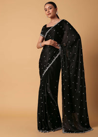 Black Satin Saree With Stone Embellishments And Unstitched Blouse Piece