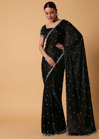 Black Satin Saree With Stone Embellishments And Unstitched Blouse Piece