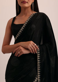 Black Satin Saree With Stone Embroidery And Unstitched Blouse