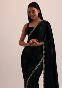 Black Satin Saree With Stone Embroidery And Unstitched Blouse