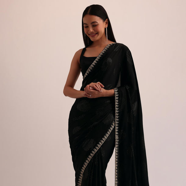 Black Satin Saree With Stone Embroidery And Unstitched Blouse