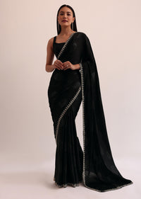 Black Satin Saree With Stone Embroidery And Unstitched Blouse