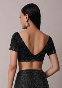 Black Satin Saree With Swarovski Studs And Unstitched Blouse Piece