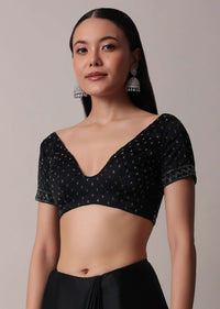 Black Satin Saree With Swarovski Studs And Unstitched Blouse Piece