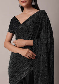 Black Satin Saree With Swarovski Studs And Unstitched Blouse Piece