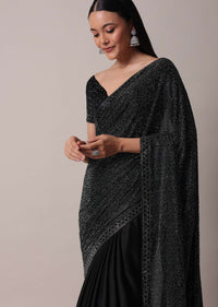 Black Satin Saree With Swarovski Studs And Unstitched Blouse Piece