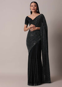 Black Satin Saree With Swarovski Studs And Unstitched Blouse Piece