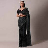 Black Satin Saree With Swarovski Studs And Unstitched Blouse Piece