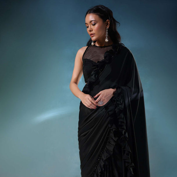 Black Satin Unstitched Saree With Ruffle Borders