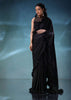 Black Satin Unstitched Saree With Ruffle Borders