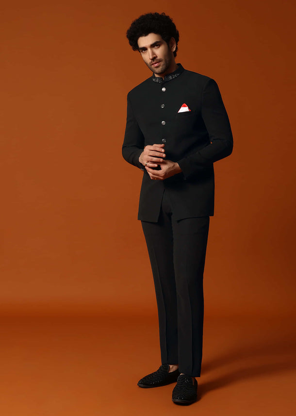 Black Self Work Jodhpuri Suit For Men