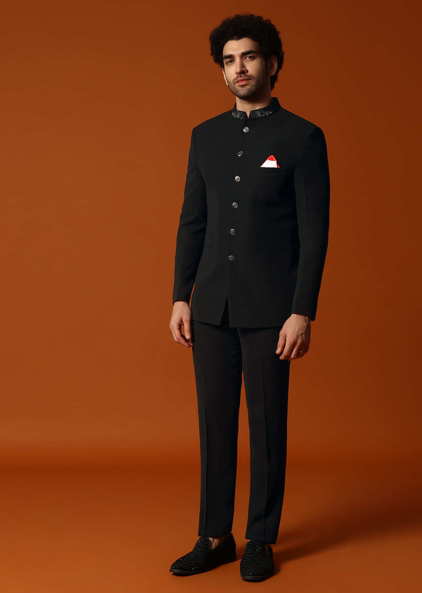 Black Self Work Jodhpuri Suit For Men