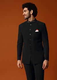 Black Self Work Jodhpuri Suit For Men