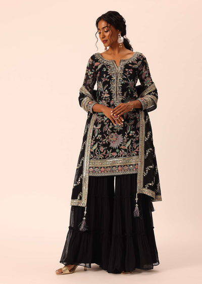 Black Sequin Embroidered Kurta Sharara Set