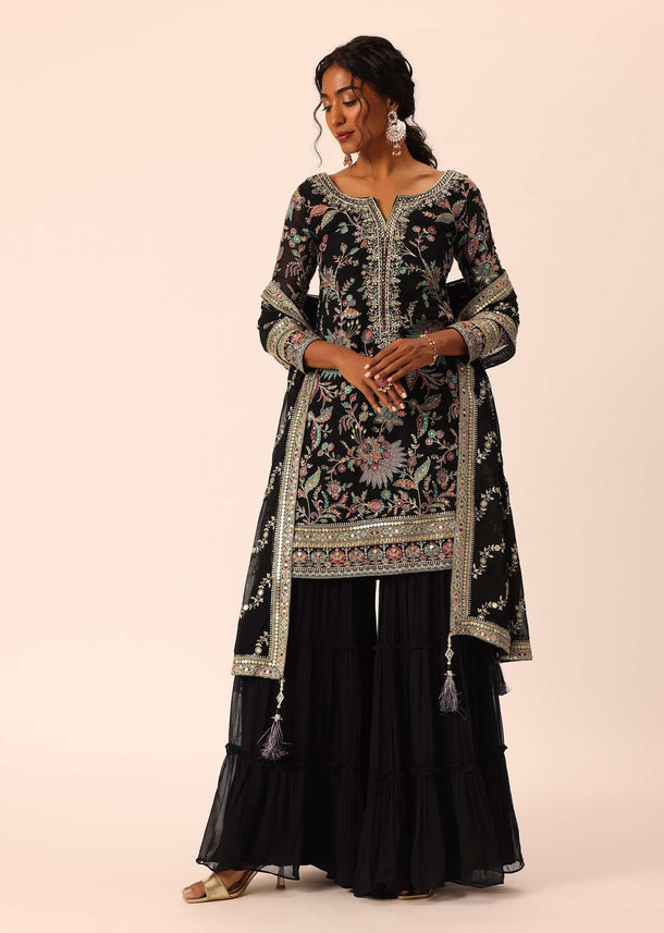 Black Sequin Embroidered Kurta Sharara Set