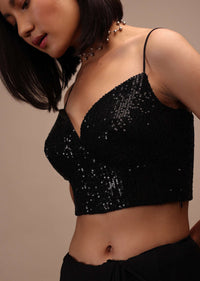 Black Sequin Spaghetti Strap Blouse In A Sweetheart Neckline Straight Hemline With Side Zip Closure