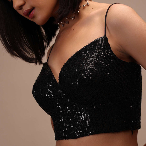 Black Sequin Spaghetti Strap Blouse In A Sweetheart Neckline Straight Hemline With Side Zip Closure