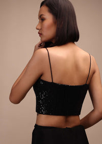 Black Sequin Spaghetti Strap Blouse In A Sweetheart Neckline Straight Hemline With Side Zip Closure