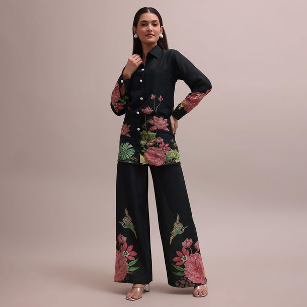 Black Sequin Worked Linen Summer Co-ord Set With Floral Prints
