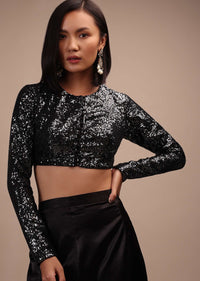 Black Sequins Full Sleeves Blouse In Round Neckline Straight Hemline And Back Hook Closure